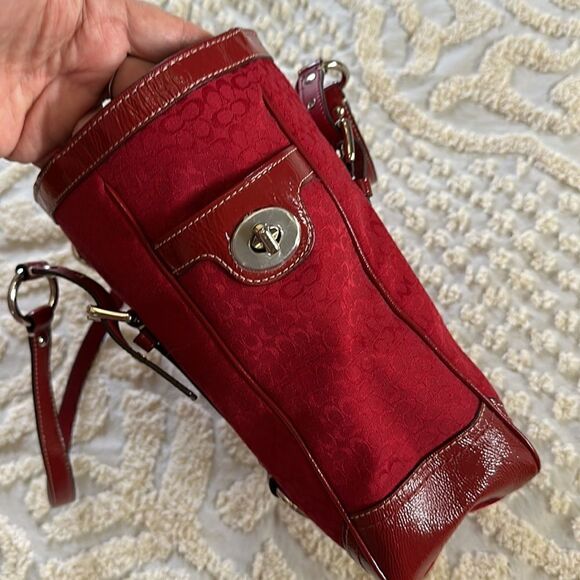 Coach Galaxy Tote Signature Canvas Red Silver Hardware Bag Purse - Picture 6 of 15